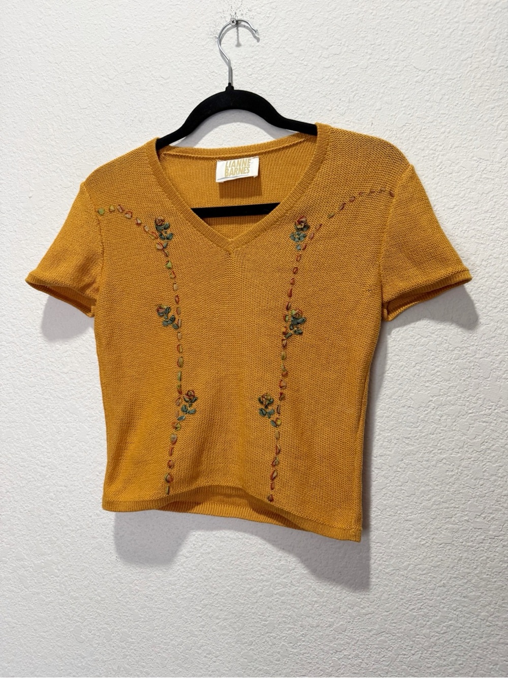Lianne Barnes Knit Floral Embroidered Vintage Blouse Top Mustard Small